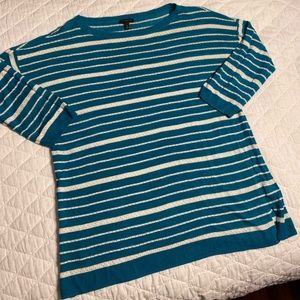 Talbots Medium Blue & White Striped Light Weight Linen Blend Sweater 3/4 Sleeve